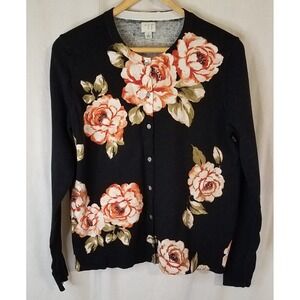 A New Day  Woman's L Black‎ Floral Print  Button Down Crew Neck Cardigan